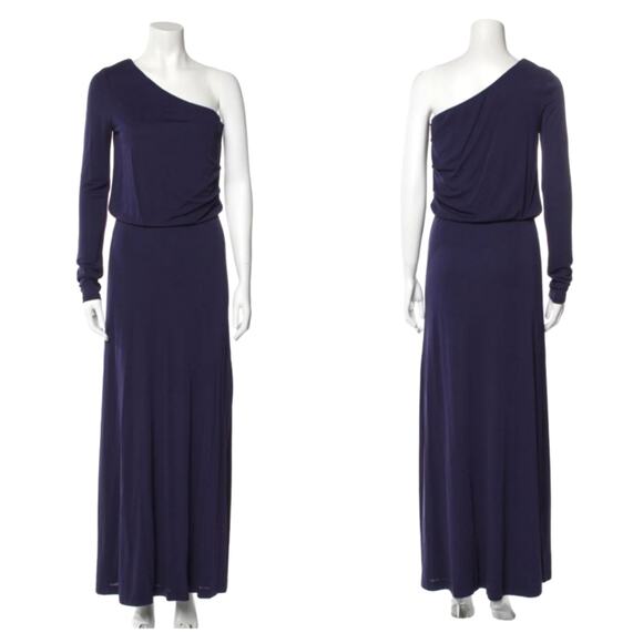 Halston Heritage Navy One Shoulder Long Sleeve Asymmetrical Gown Small - Picture 1 of 6